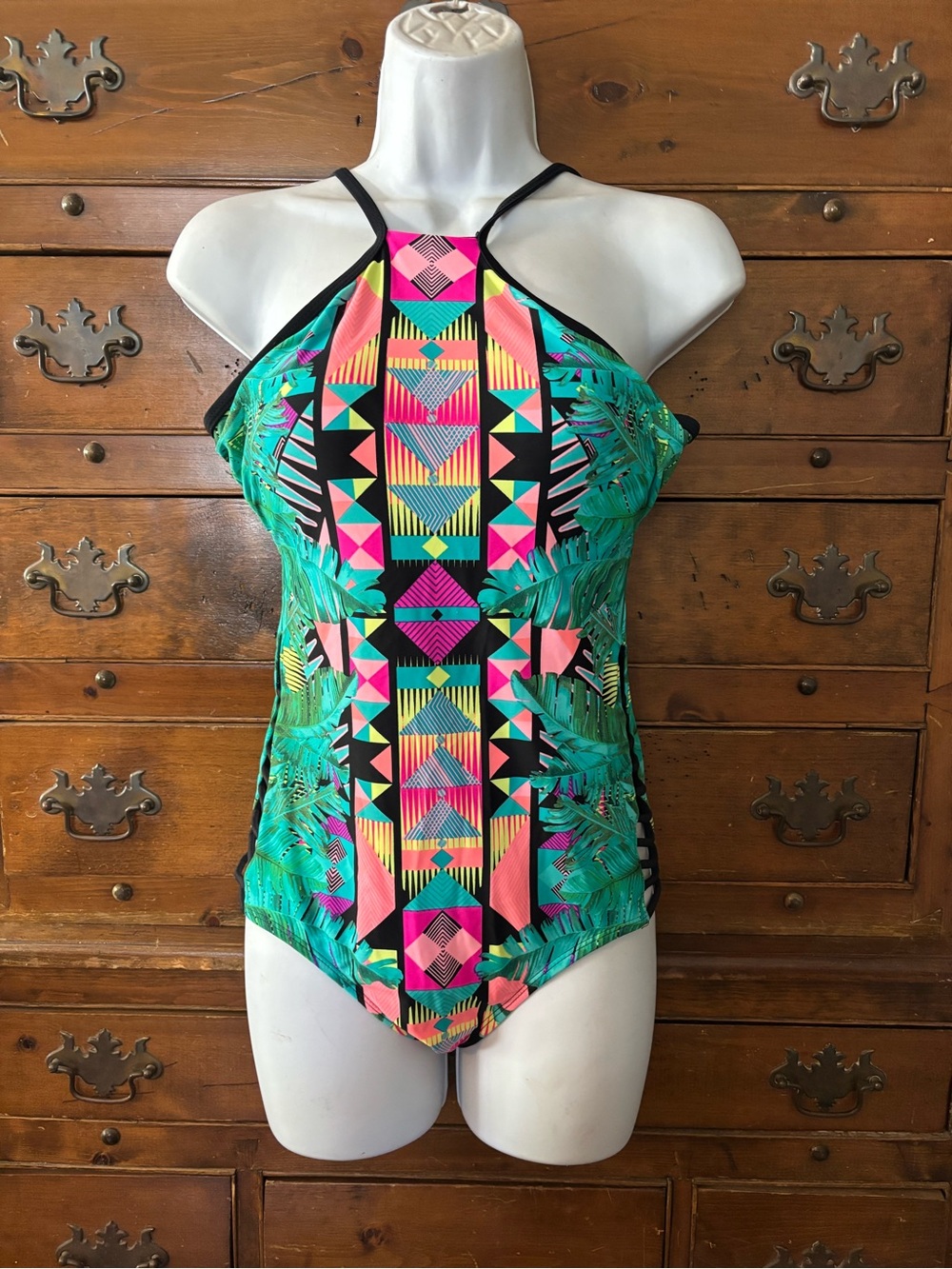 Woman's One-Piece Swimsuit - Vibrant Teal & Neon Print Size M(7-9) No Boundaries